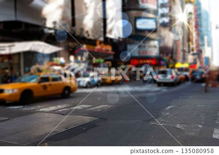Yellow taxi cab is waiting at zebra crosswalk in flat illustration style with neon signs Yellow taxi cab is waiting at zebra crosswalk in flat illustration style with neon signs 135080958