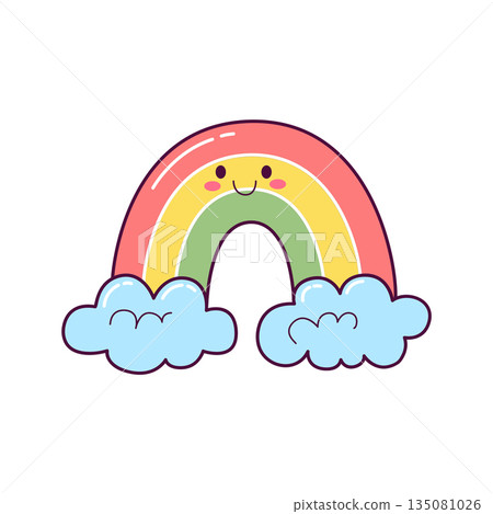 Cute rainbow with clouds illustration in hand drawn kawaii style 135081026