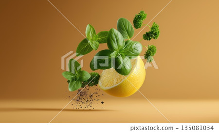 Stylized image of lemon half, floating herbs like basil and parsley, and pepper granules in mid air on warm brown background.  135081034