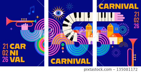 Colorful carnival and music festival vertical poster set with abstract musical instruments Colorful carnival and music festival vertical poster set with abstract musical instruments 135081172