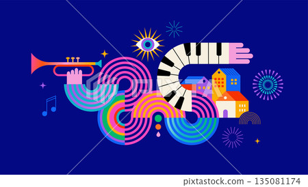 Colorful carnival and music festival poster and banner with abstract musical instruments 135081174
