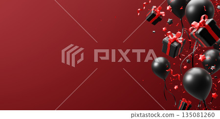 Black friday sale banner design of balloons and gift box with confetti on red background 3D render 135081260