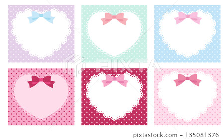 一組可愛的心形蕾絲邊框和絲帶向量插圖。點點，可愛 135081376