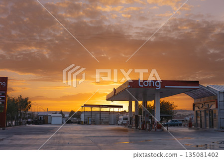 Gas station along a Turkish national highway at dusk 135081402