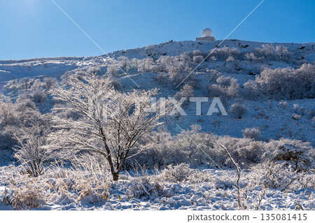 The frost-covered trees and Mt. Kurumayama sparkling in the morning sun from the midwinter of Kirigamine Highlands The frost-covered trees and Mt. Kurumayama sparkling in the morning sun from the midwinter of Kirigamine Highlands 135081415