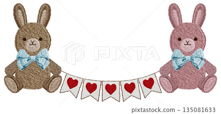 [Rabbit plush toy and heart garland] Hand-embroidered illustration material 135081633