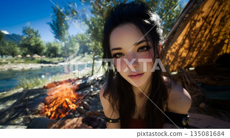 河邊露營的女子 135081684