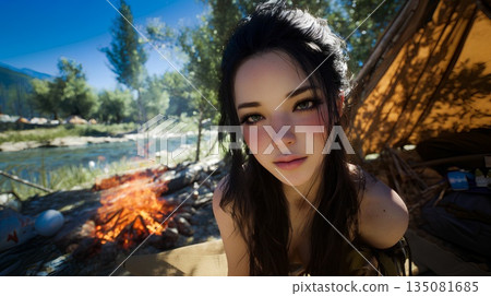 女人在營地點燃篝火 135081685