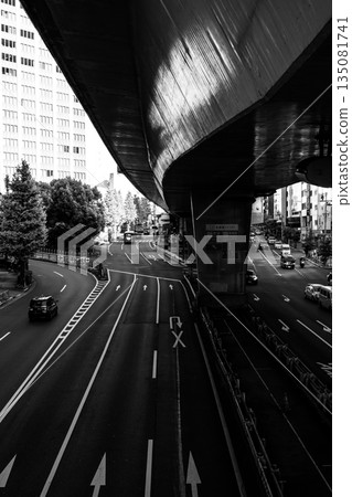 Tokyo cityscape: Metropolitan Expressway and Roppongi Street at the east exit of Shibuya Station, November 2025, monochrome Tokyo cityscape: Metropolitan Expressway and Roppongi Street at the east exit of Shibuya Station, November 2025, monochrome 135081741