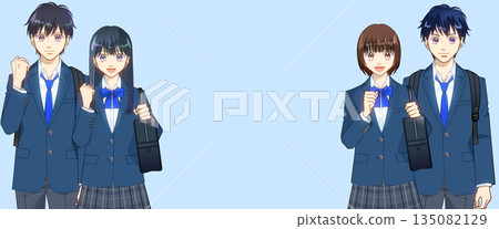 動漫風格的插圖，描繪了背著背包和書包的高中或初中男女學生。 135082129