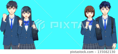 動漫風格的插圖,描繪了背著背包和書包的高中或初中男女學生。 動漫風格的插圖,描繪了背著背包和書包的高中或初中男女學生。 135082130