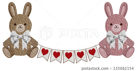 [Rabbit plush toy and heart garland] Hand-embroidered illustration material 135082154