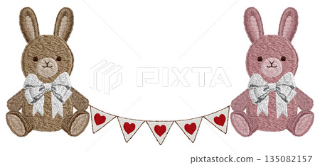 【兔子毛絨玩具和心形花環】手工刺繡插畫材料 135082157
