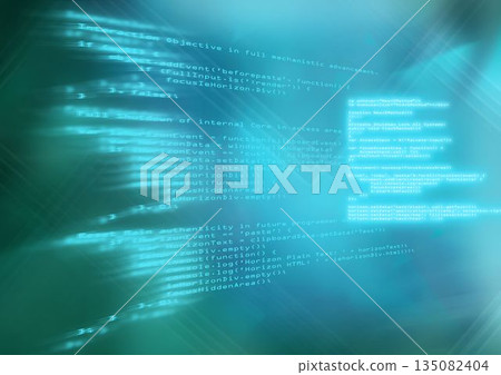 Glowing JavaScript functions are floating on flat teal-blue interface with crossing light beams 135082404