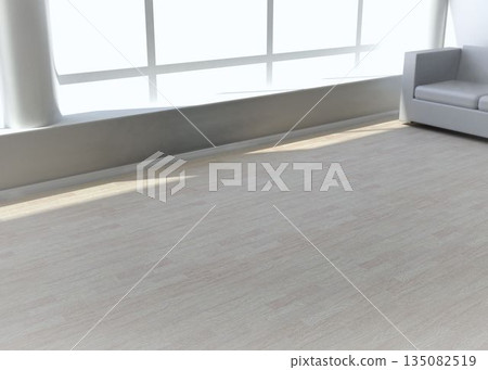Grey two-seater couch is resting under large multi-pane window over wood flooring in flat design 135082519
