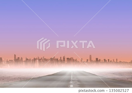 Fog covered street leading towards skyline Fog covered street leading towards skyline 135082527