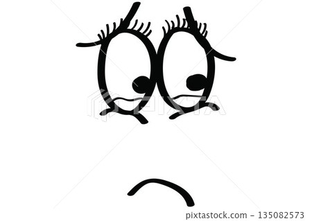 Showing minimalist sketch sad face with droopy brows, frowning mouth on white backdrop, copy space Showing minimalist sketch sad face with droopy brows, frowning mouth on white backdrop, copy space 135082573