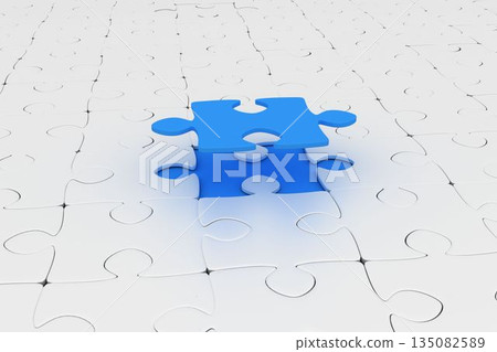 Blue jigsaw piece over jigsaw puzzle 135082589