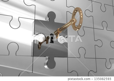 Gold key is sliding into keyhole-shaped gap in reflective silver jigsaw puzzle 3D render 135082593