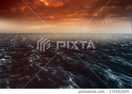 Flat design lightning bolt is striking near horizon over choppy ocean under glowing storm clouds Flat design lightning bolt is striking near horizon over choppy ocean under glowing storm clouds 135082604