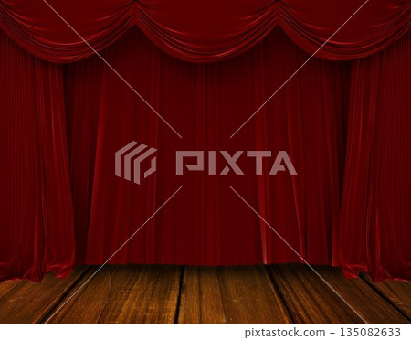 Flat design is showing red velvet curtain hanging across stage on wooden floor planks Flat design is showing red velvet curtain hanging across stage on wooden floor planks 135082633