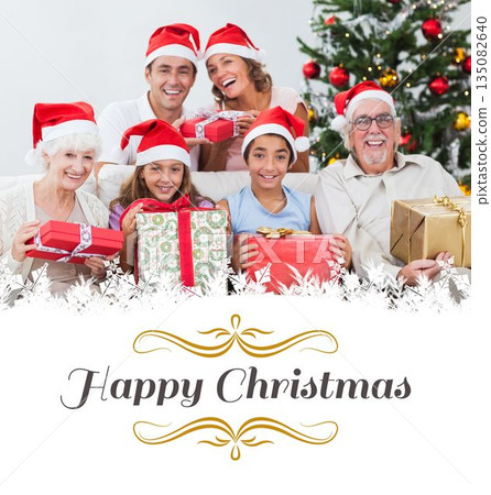 Flat design multi-gen family is wearing Santa hats and holding gifts on sofa beside decorated tree 135082640