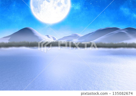 Flat design showing serene winter night landscape with full moon, pine trees, hills, copy space Flat design showing serene winter night landscape with full moon, pine trees, hills, copy space 135082674