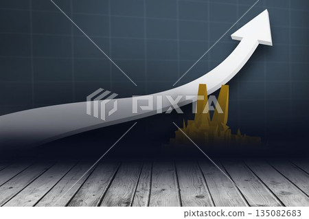 White arrow is curving upward over 3D bar chart on wooden floor, dark blue grid backdrop White arrow is curving upward over 3D bar chart on wooden floor, dark blue grid backdrop 135082683