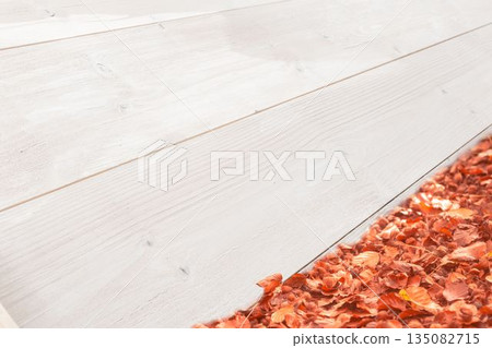 Autumn leaves against white wood Autumn leaves against white wood 135082715