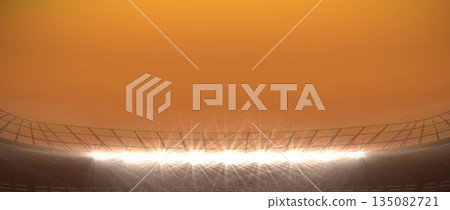 Flat stadium illustration is featuring bright floodlights illuminating curved framework at sunset 135082721