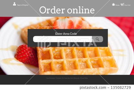 Showing golden waffle with strawberry halves and syrup, overlaying search input and navigation bars Showing golden waffle with strawberry halves and syrup, overlaying search input and navigation bars 135082729