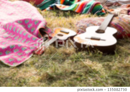 High angle view of guitars on grassy field High angle view of guitars on grassy field 135082730