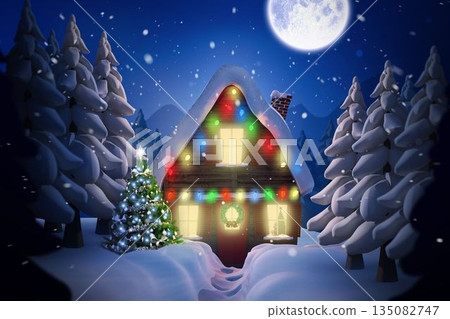 Cozy flat design wooden cabin is glowing with lights by holiday tree in snowy moonlight 135082747