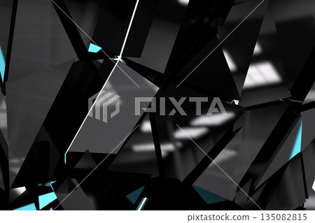 Irregular black shards are forming 3D abstract geometry with reflective facets and teal highlights Irregular black shards are forming 3D abstract geometry with reflective facets and teal highlights 135082815