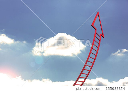 Red ladder arrow pointing up against sky Red ladder arrow pointing up against sky 135082854