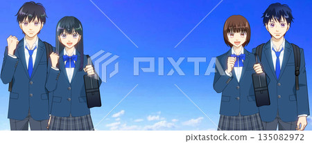 An anime-style illustration of a high school or junior high school boy and girl against a wide blue sky An anime-style illustration of a high school or junior high school boy and girl against a wide blue sky 135082972