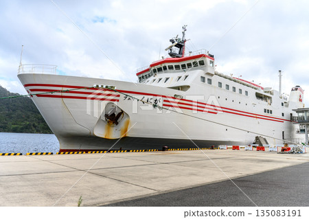 一艘白色渡輪停泊在港口 [國賀渡輪] 135083191
