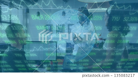 Presenting white male executive gesturing at meeting table, with monitors and stock-ticker overlay Presenting white male executive gesturing at meeting table, with monitors and stock-ticker overlay 135083217