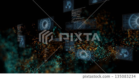Displaying holographic panel rotating in cyberspace with circular data charts and code snippets Displaying holographic panel rotating in cyberspace with circular data charts and code snippets 135083234