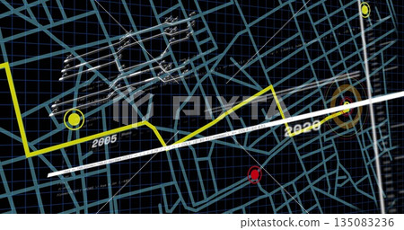 Displaying digital timeline map in digital dashboard, with yellow path line and 2005-2020 markers Displaying digital timeline map in digital dashboard, with yellow path line and 2005-2020 markers 135083236