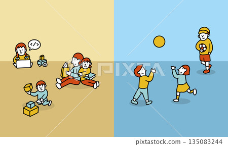 Illustration of kids playing indoor and outdoor games 135083244