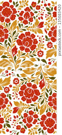 Vector decorative tracery floral pattern. Slavic ornament with red flowers on white background 135083420