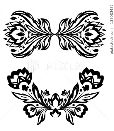 Vector set of tracery monochrome folk art flowers frames. Collection of black geometric floral divider. Vector set of tracery monochrome folk art flowers frames. Collection of black geometric floral divider. 135083422