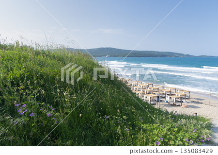 Sunny beach with sand dunes and blue sky in Bulgaria 135083429
