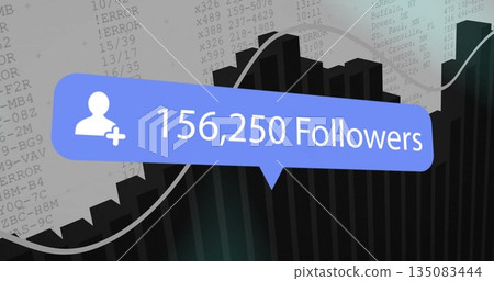 Blue notification bubble floating over digital bar chart, with user-plus icon and trend line Blue notification bubble floating over digital bar chart, with user-plus icon and trend line 135083444