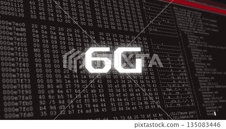Displaying glowing 6G characters overlaying hex code and ASCII lines on computer screen, 6G network 135083446