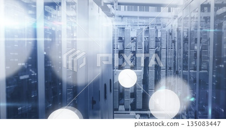 Standing central server cabinets in data center corridor, with blade servers and bundled cabling Standing central server cabinets in data center corridor, with blade servers and bundled cabling 135083447