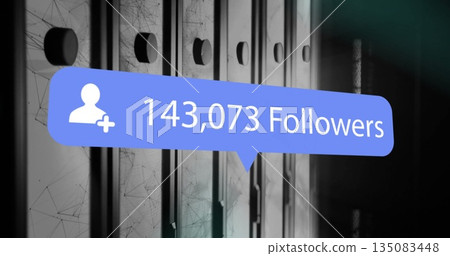 Displaying blue bubble showing 143,073 followers in server rack aisle, with overlay lines 135083448