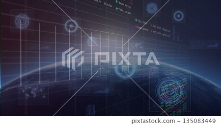 Displaying digital Earth globe emerging from dark grid space, with translucent HUD targets 135083449