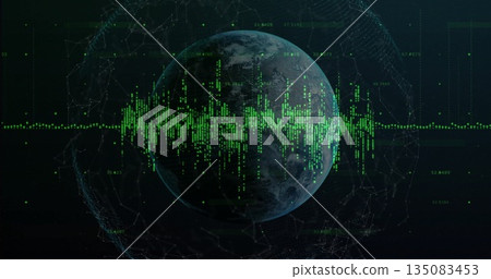 Floating 3D Earth globe in virtual space, with neon green waveform, wireframe sphere with markers 135083453